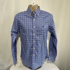 POLO RALPH LAUREN Slim Fit  Oxford Blue Plaid Casual Shirt Men's Sz Small